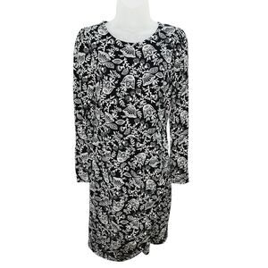 Boden Black & White Floral Long Sleeve Ruched Jersey Mini Dress Women's size 12L